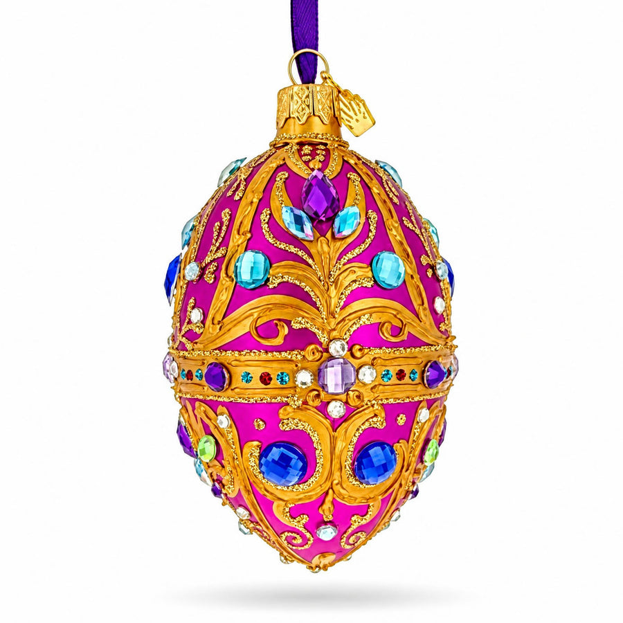 Magenta Purple Jeweled Glitter Scrollwork Glass Egg Christmas Ornament