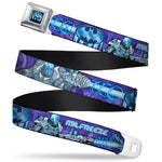 Frozen Batman Shield Full Color Black Blues Seatbelt Belt - MR. FREEZE Poses/Frozen Batman Shield Purples/Blues Webbing