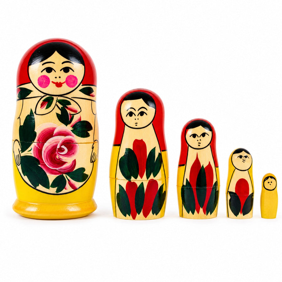Wooden Semenov Red Scarf Nesting Dolls - Pink Rose Matryoshka 4.4 Inches