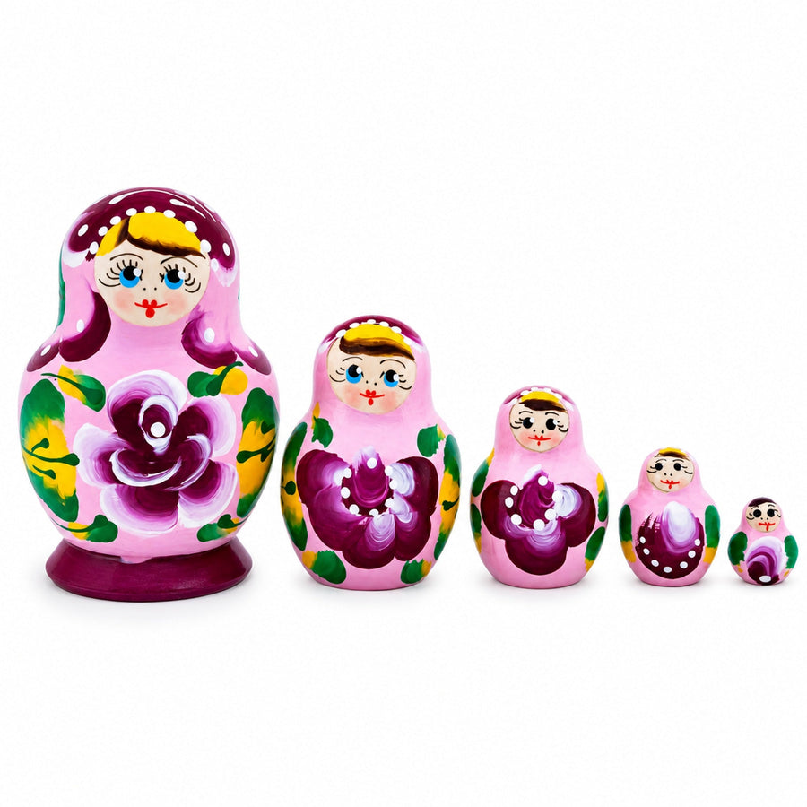 Pink Color with White Velvet Flower Wooden  Nesting Dolls