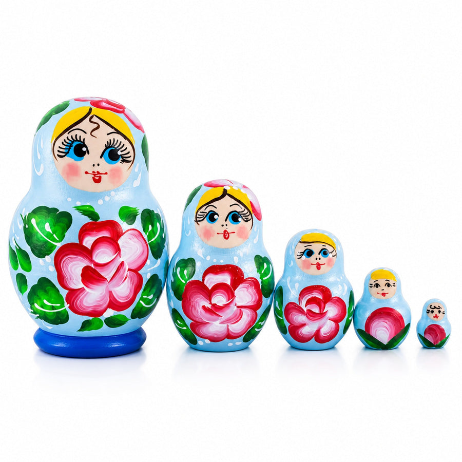 Light Blue Color with Red Flower Wooden  Nesting Dolls
