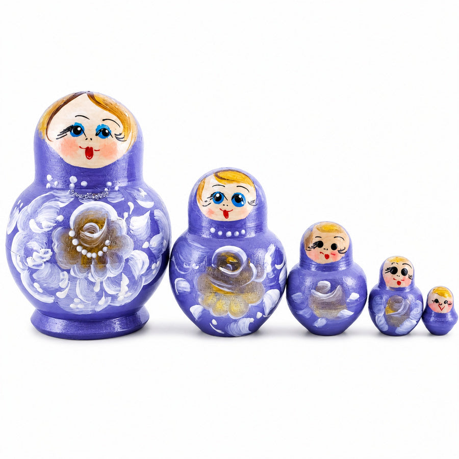 Purple Color with White Color Flowers Wooden  Nesting Dolls