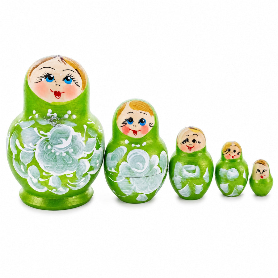 Wooden Green Floral Nesting Dolls - Lime Stacking Matryoshka 3.1 Inches
