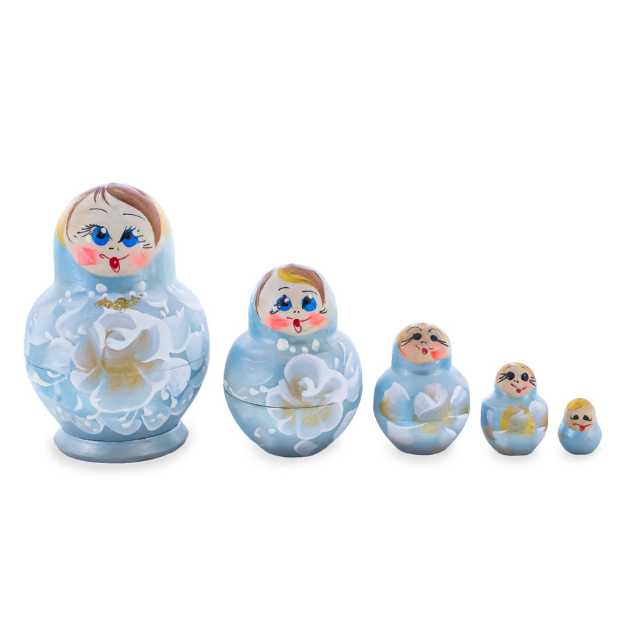 Wooden Icy Blue Winter Floral Nesting Dolls - Stacking Matryoshka 3.1 Inches
