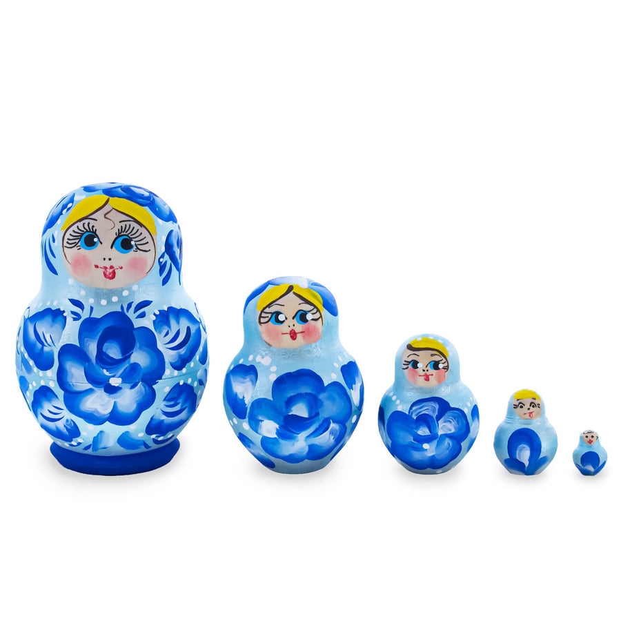 Wooden Gzhel Floral Nesting Dolls - Blue Stacking Matryoshka 3.1 Inches
