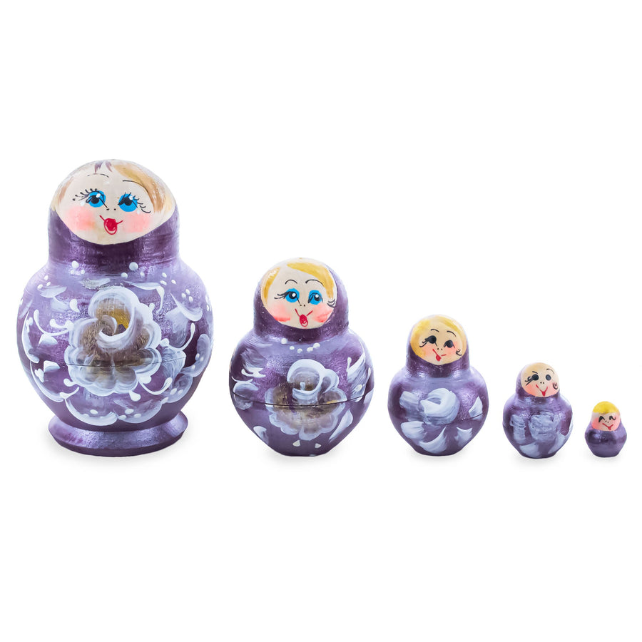 Wooden Metallic Plum Floral Nesting Dolls - Stacking Matryoshka 3.1 Inches