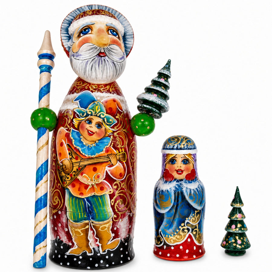 Hand Carved Solid Wood Santa Did Moroz Nesting Dolls 9.5 Inches