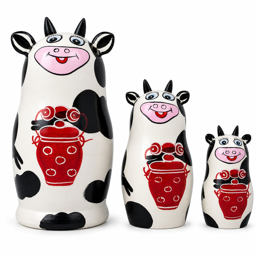 Set of 3 Spotted Cow Family Animal Nesting Figurines 5.5 Inches