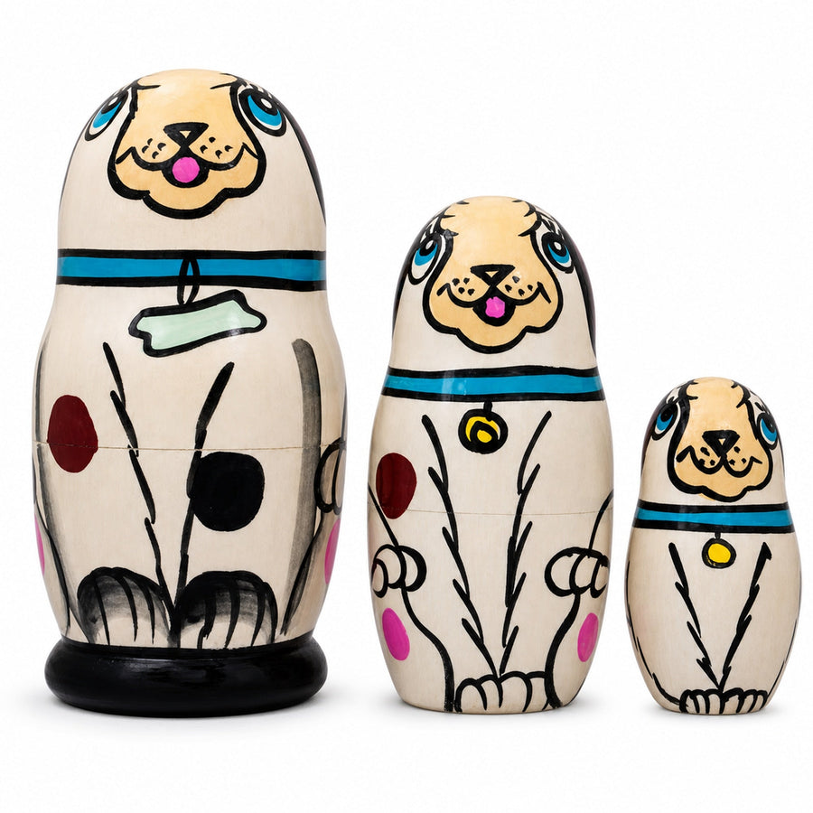 Wooden White Dog with Bone Collar Nesting Dolls - Stacking Matryoshka 4.25 Inches