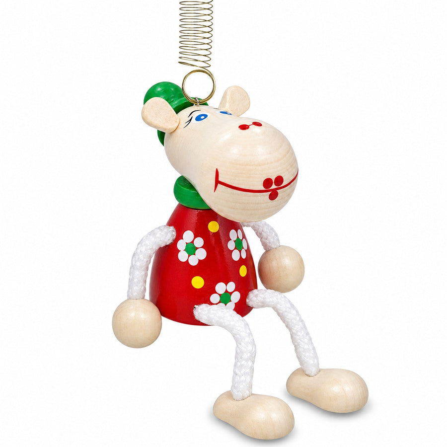 Jumping Cow Wooden Doll on a Spring 4 Inches