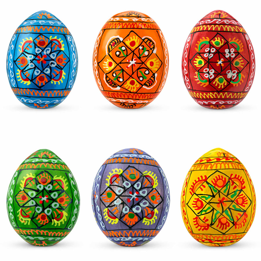 Set of 6 Pearlized Ukrainian Pysanky Wooden Easter Eggs 2.5 Inches