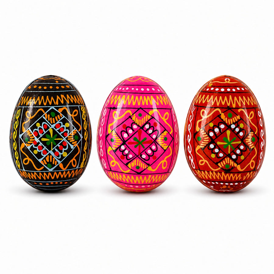 Set of 3 Red Shades Geometric Ukrainian Pysanky Wooden Easter Eggs 2.5 Inches