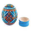 Geometrical Blue Ukrainian Wooden Easter Egg Pysanka on a Stand 3 Inches