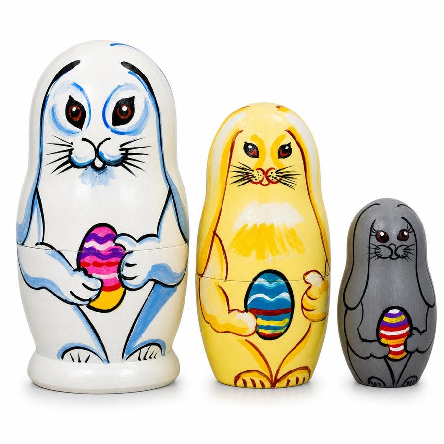 Set of 3 Bunnies with Easter Eggs Wooden Nesting Dolls 4.25 Inches