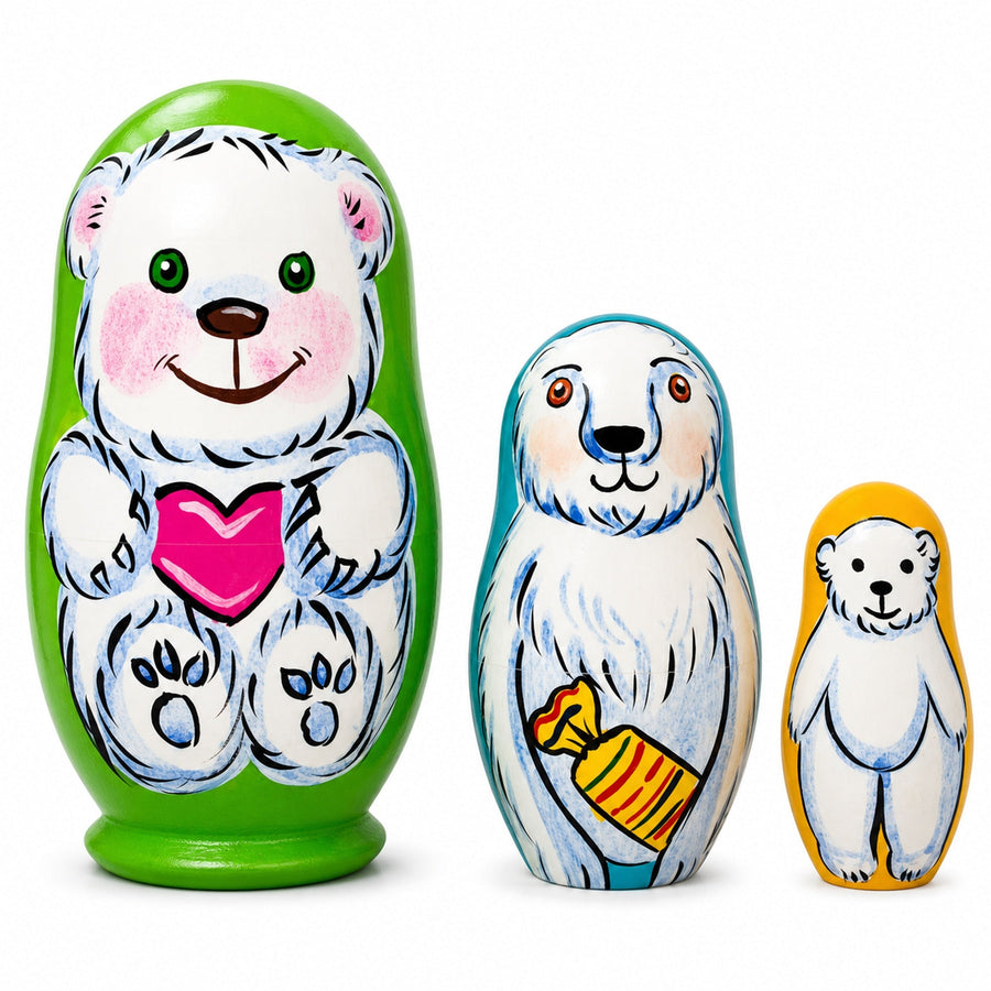 Set of 3 Bears with Heart Wooden Nesting Dolls 4.25 Inches