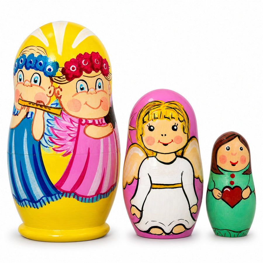 Set of 3 Guardian Angels with Flute, Heart Wooden Nesting Figurines 4.25 Inches