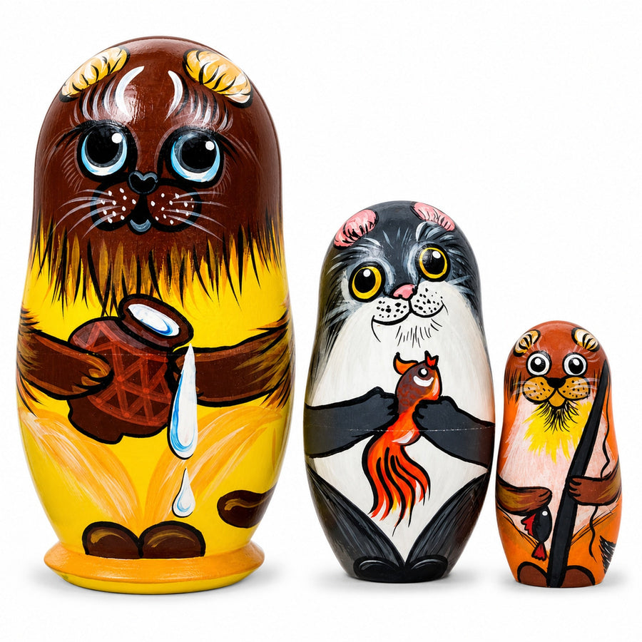 Set of 3 Cats with Milk and Fish Wooden Nesting Dolls 4.25 Inches