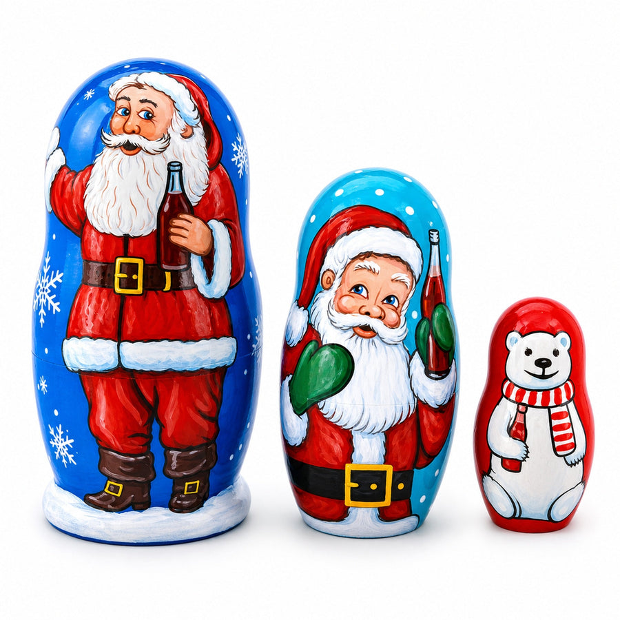3 Santa and Polar Bear Wooden Nesting Dolls 4.25 Inches