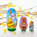 Set of 3 Bunnies and Easter Eggs Wooden Nesting Dolls 4.25 Inches