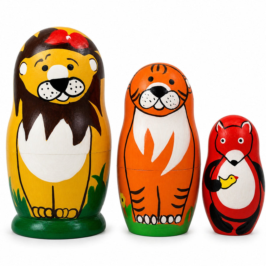 Set of 3 Lion, Tiger, and Fox Wooden Nesting Dolls 4.25 Inches