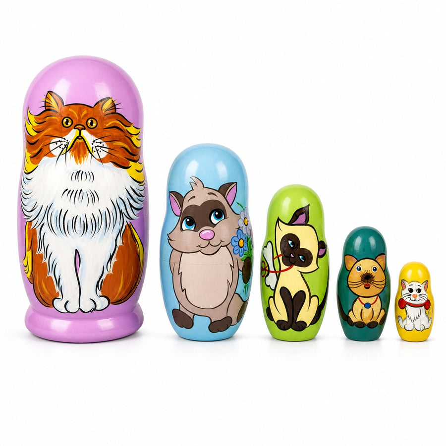Set of 5 Colorful Cats Wooden Nesting Dolls 6 Inches