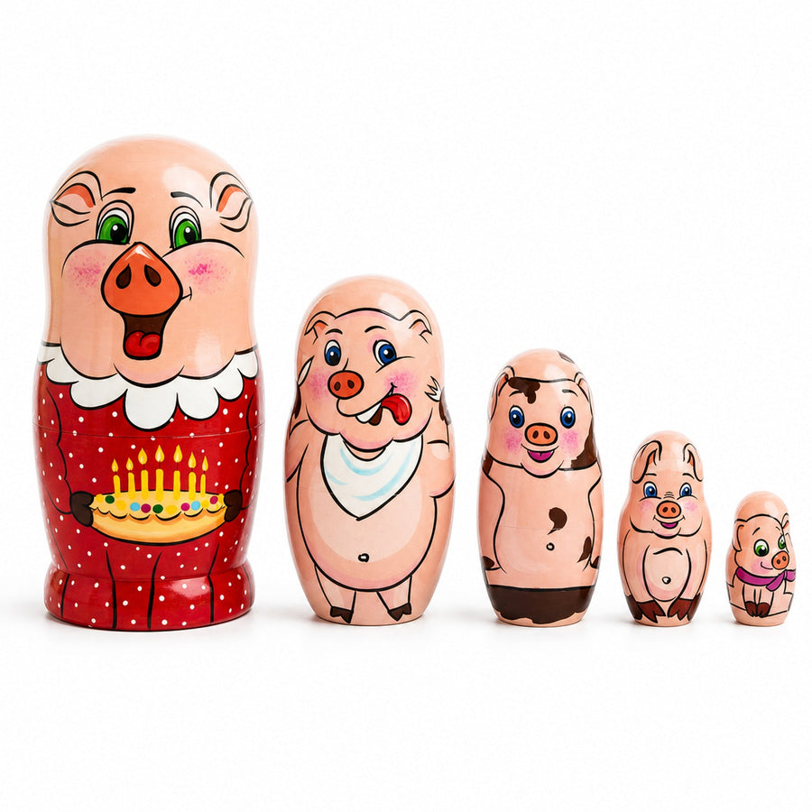 Set of 5 Pigs Celebration Wooden Nesting Dolls 6 Inches