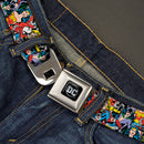 DC Round Logo Black/Silver Seatbelt Belt - DC Comics 3-Superheroine/2-Villain Character Collage Webbing