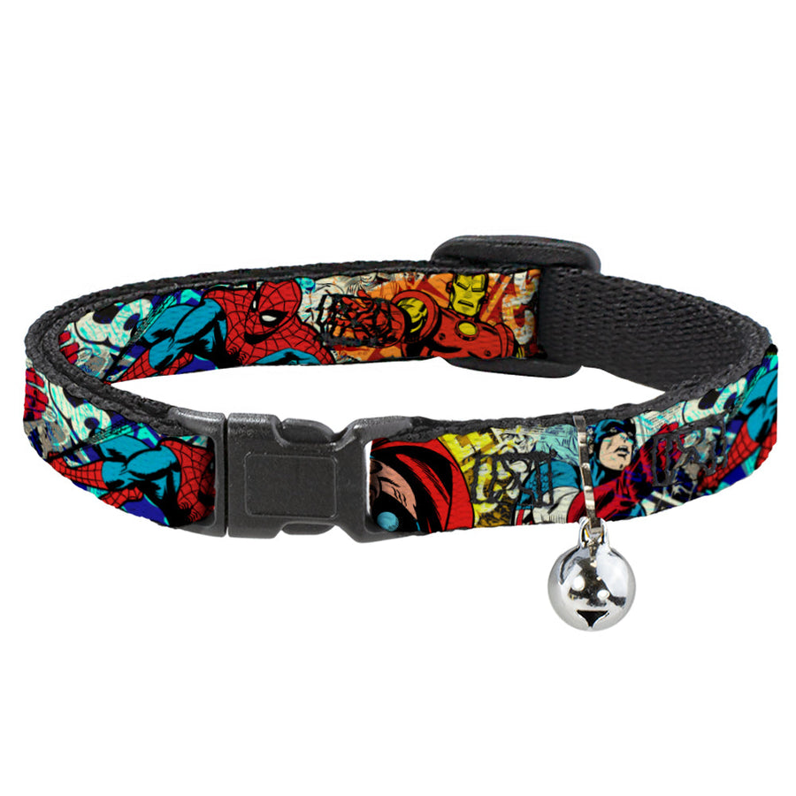 MARVEL COMICS Cat Collar Breakaway - 4-Superhero Action Poses Comic Scenes White Black Full Color Splatter