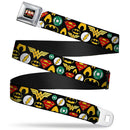 JLA-JUSTICE LEAGUE OF AMERICA Logo Full Color Black Gold Red Seatbelt Belt - Justice League 6-Superhero Logos Collage Black Webbing