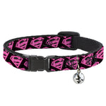 Cat Collar Breakaway - Diagonal Superman Logo w Hearts Black Pink