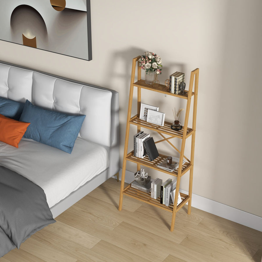 4-Tier Bamboo Ladder Bookshelf 58 Inch Natural
