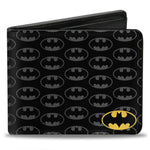 Bi-Fold Wallet - Bat Signal Corner Bat Monogram Black Gray Yellow