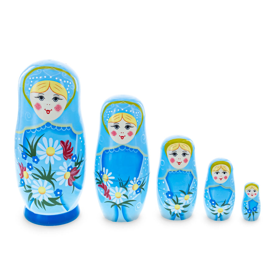 5 Girls with Daisy Flowers & Blue Skirt Wooden Nesting Dolls 6 Inches