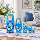 5 Girls with Daisy Flowers & Blue Skirt Wooden Nesting Dolls 6 Inches