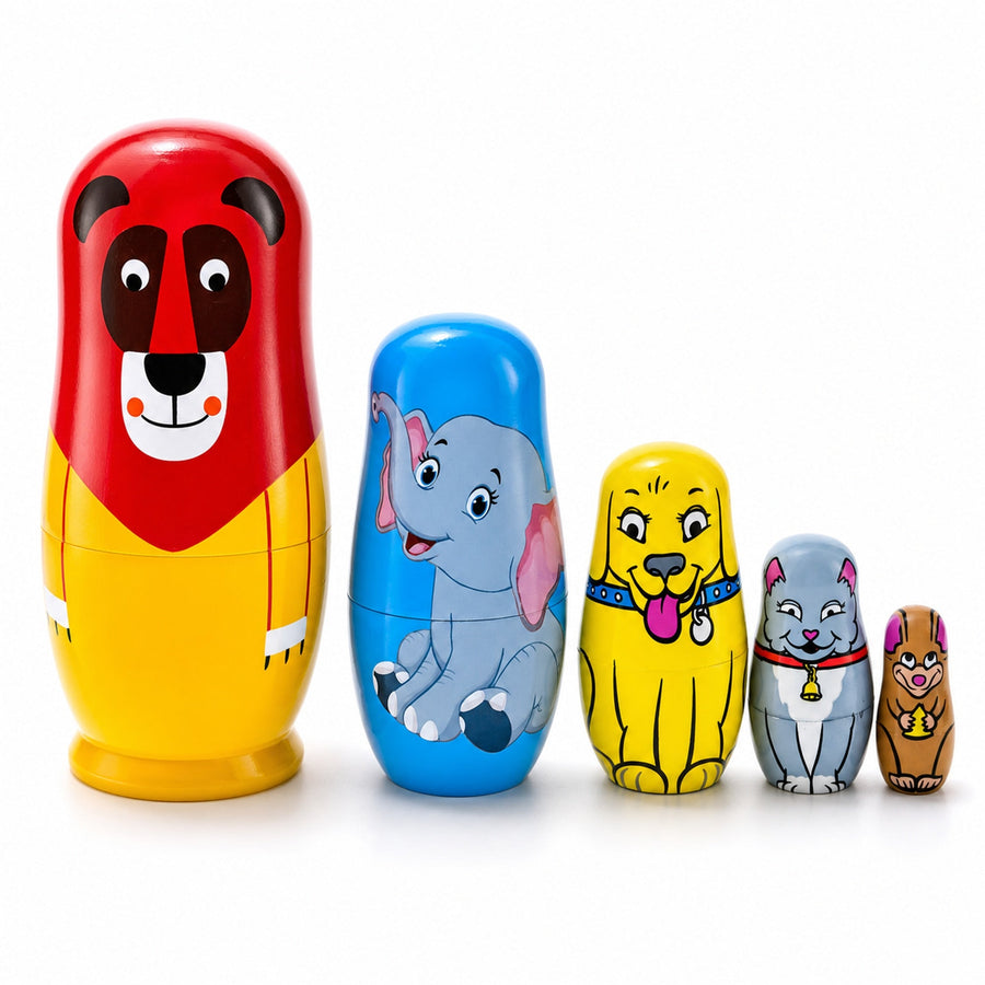 5 Animals Lion, Elephant, Dog & Cat Wooden Nesting Dolls 5.75 Inches