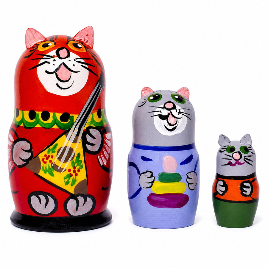 Set of 3 Cat with Balalaika Music Instrument Nesting Figurines 3.5 Inches