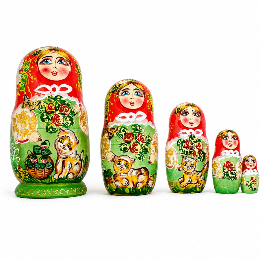 Set of 5 Girls with Cats Wooden Nesting Dolls 6.5 Inches