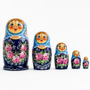 Set of 5 Blue Floral Dress Girls Wooden Nesting Dolls 7 Inches