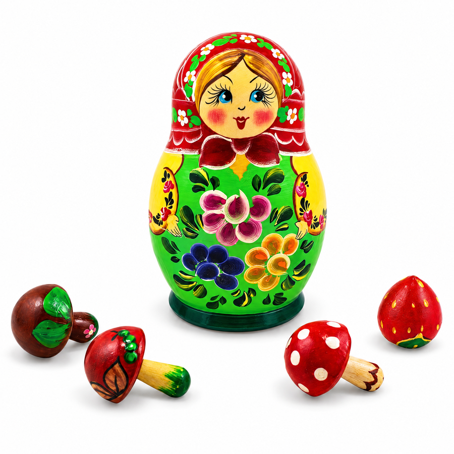 Set of 5 Wooden Matryoshka & Mushroom Figurine Set - 5