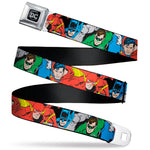 DC Round Logo Black/Silver Seatbelt Belt - Justice League Superheroes CLOSE-UP New Webbing