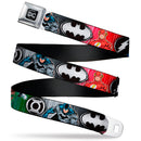 DC Round Logo Black/Silver Seatbelt Belt - Justice League Elite Forces Superheroes Pose/Logos Webbing