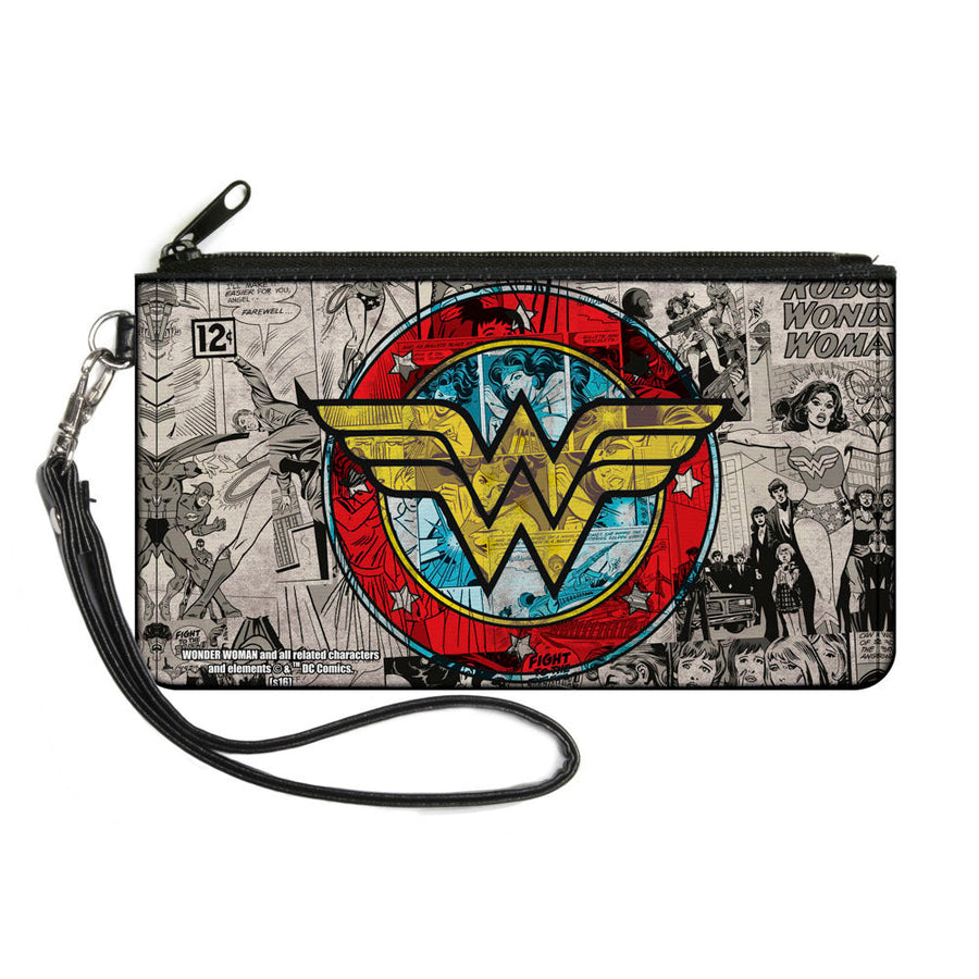 Canvas Zipper Wallet - SMALL - Wonder Woman Logo Comic Scenes Grays Blue Red Yellow