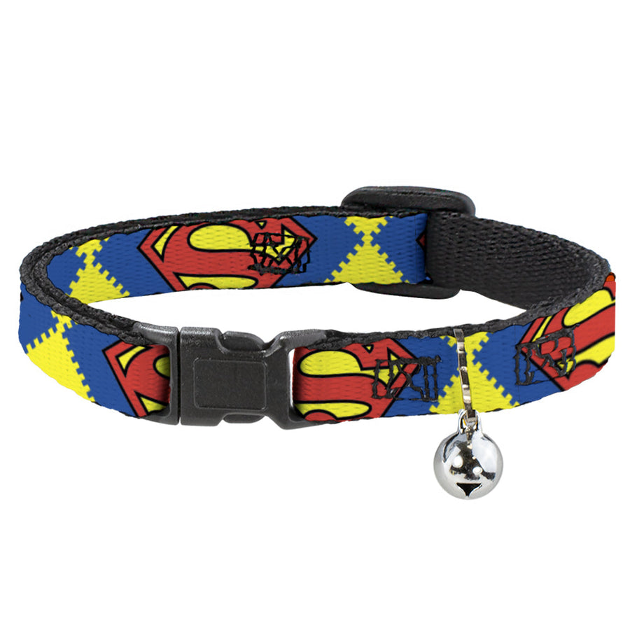 Cat Collar Breakaway - Jagged Superman Shield CLOSE-UP Yellow Blue Red