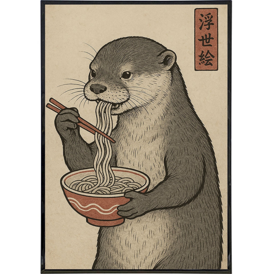 Otter Eating Noodles Japanese Ukiyo-e Style Poster Print