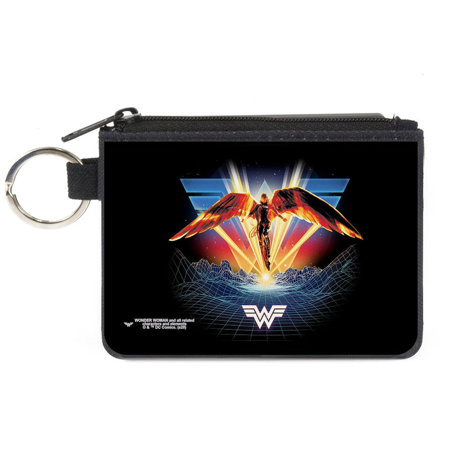 Canvas Zipper Wallet - MINI X-SMALL - Wonder Woman 1984 Golden Armor Pose WW Logo Topography Black Blues Reds Yellows