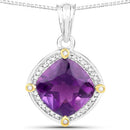 3.20 Carat Genuine Amethyst and White Diamond 18K Yellow Gold with .925 Sterling Silver Pendant