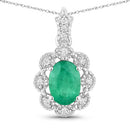 0.79 Carat Genuine Zambian Emerald and White Diamond 10K White Gold Pendant