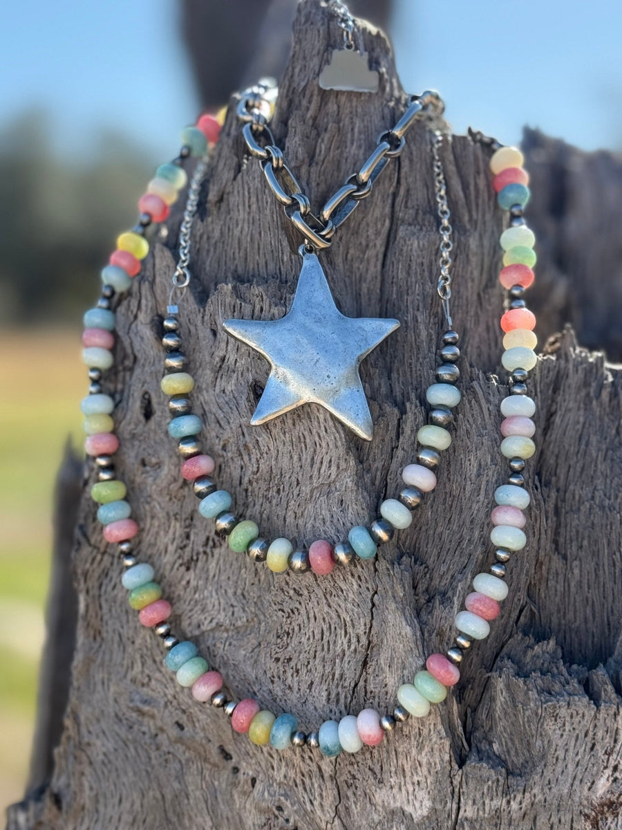 Sterling Silver Pastel Bead and Chunky Star Necklace Jewelry Stack Bundle