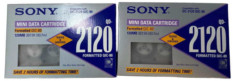 Lot of 2 Sony QD-2120 Formatted QIC-80 Mini Data Cartridge, 120MB, NEW