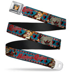 Harley Quinn Bombshell Pin-Up Face Full Color Seatbelt Belt - Harley Quinn Bombshell Pin-Up Pose/Joker Card/Suits Blue/White/Red/Black Webbing